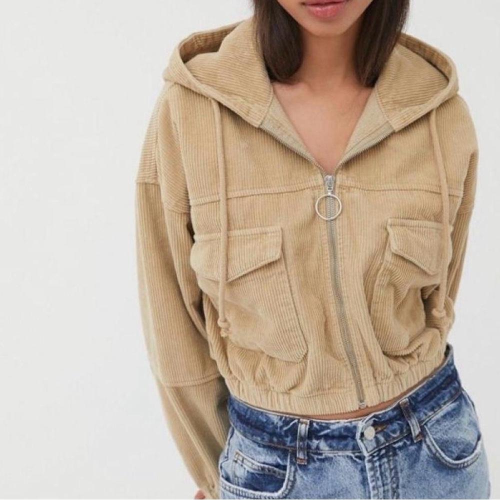 Urban Outfitters BDG Corduroy Jacket Pockets Hoodie Cropped Oversized Tan Sz XS